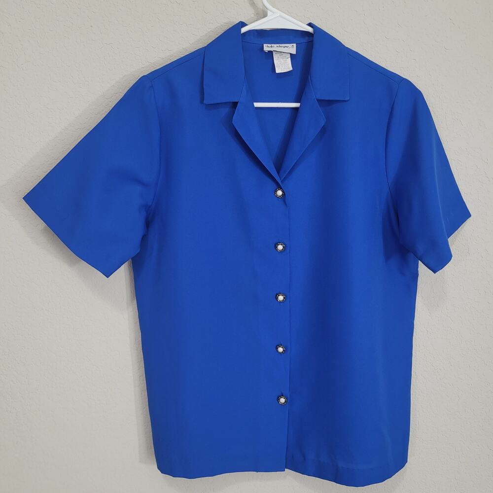 Vintage Button Up Short Sleeve Blouse Vicki Waynes Womens M Blue Made in USA 80s